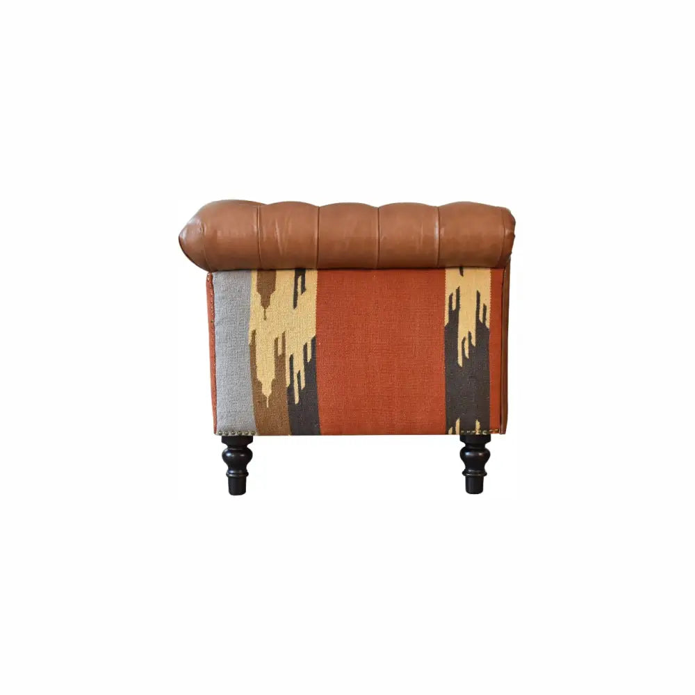 luxury leather and fabric mix sofa with brown leather and multicoloured fabric seat 