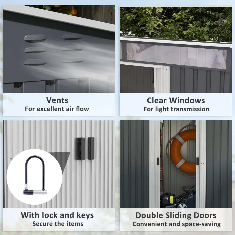 Lockable garden metal bike storage shed. Shed features including air vents, clear top windows, lock with keys, and sliding doors.