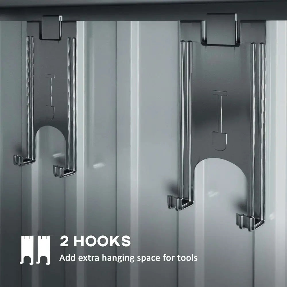 Lockable garden metal bike storage shed. Close-up of two steel hanging hooks installed inside the shed for convenient tool storage.
