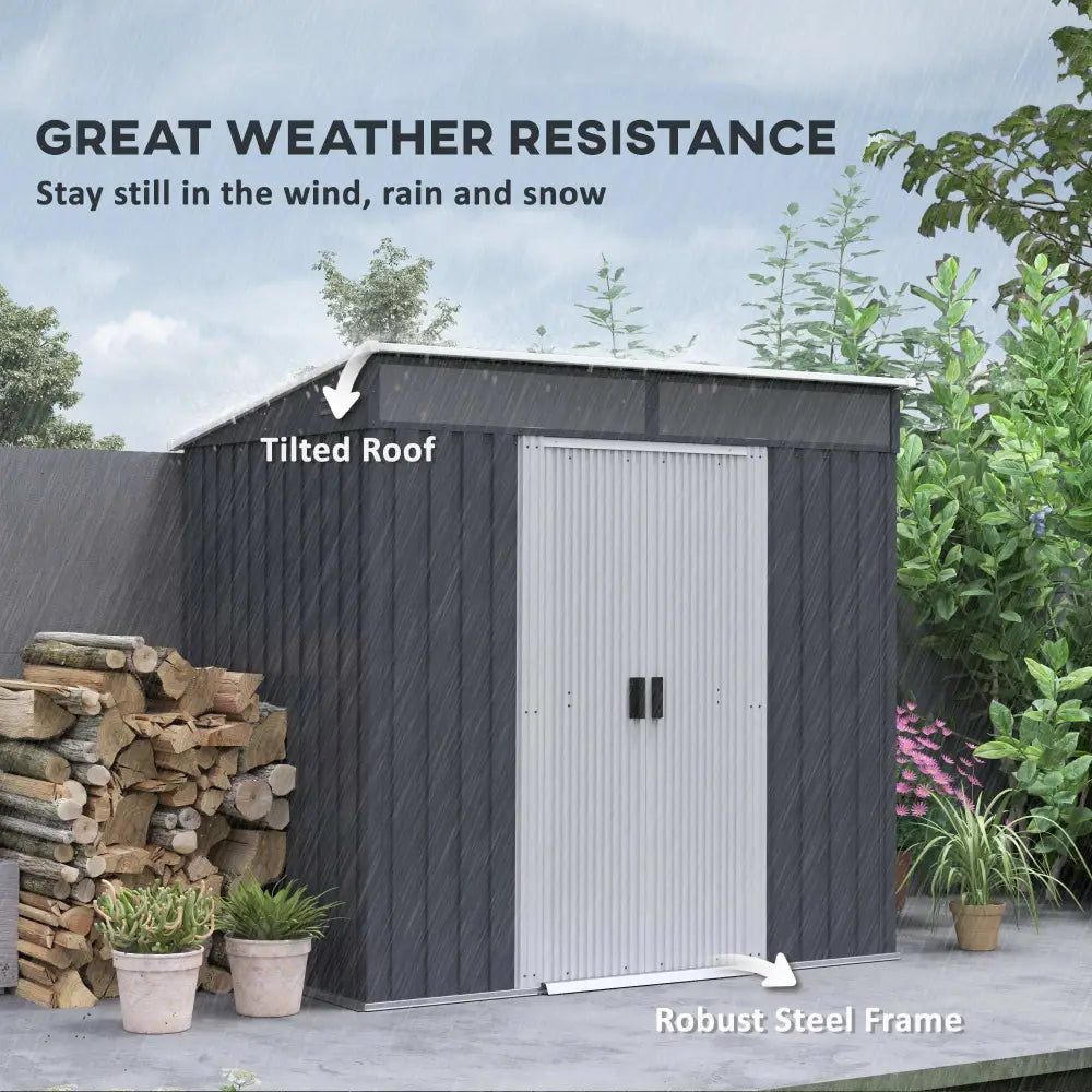 Lockable garden metal bike storage shed. Steel garden shed with tilted roof and reinforced frame, weather resistant