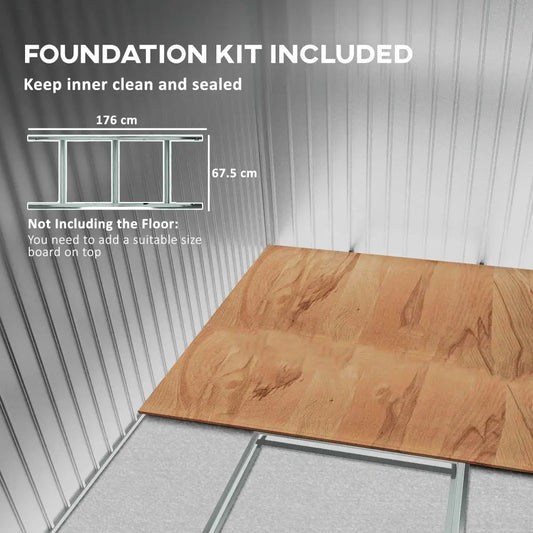 Lockable garden metal bike storage shed. Galvanised steel garden shed foundation kit with plywood flooring