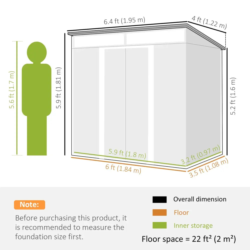 Lockable garden metal bike storage shed. Diagram showing garden shed measurements with floor space of 22 square feet and inner storage outline.
