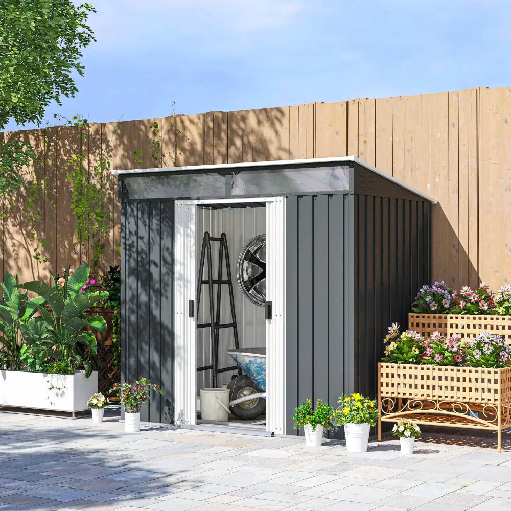 Lockable garden metal bike storage shed. Grey metal garden shed with double sliding doors, and acrylic windows.