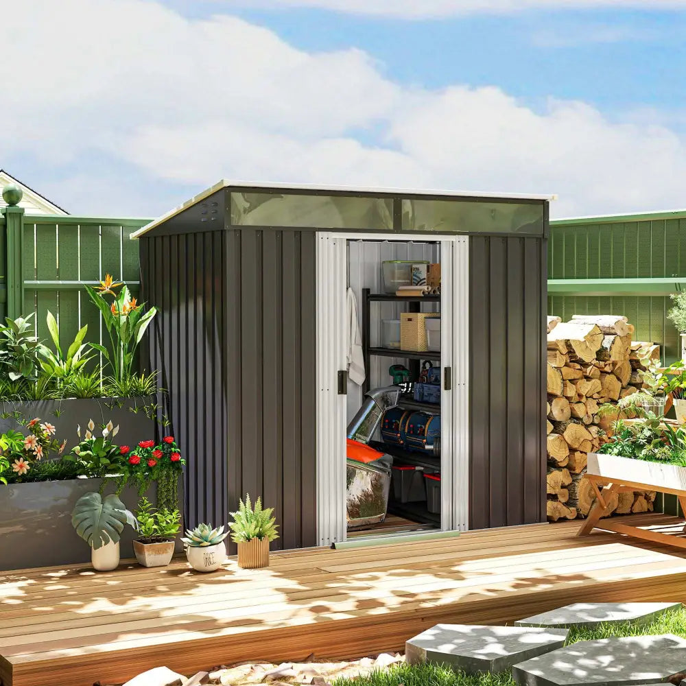 Lockable garden metal bike storage shed with sliding doors. Modern garden shed double doors and acrylic windows