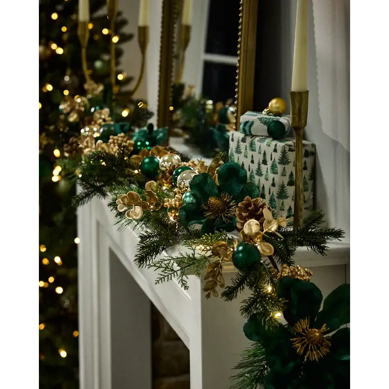 Luxury 180cm Emerald & Gold Christmas Garland – Opulent Festive Mantelpiece Decoration - Garlands