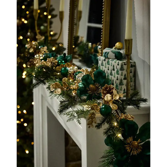 Luxury 180cm Emerald & Gold Christmas Garland – Opulent Festive Mantelpiece Decoration - Garlands