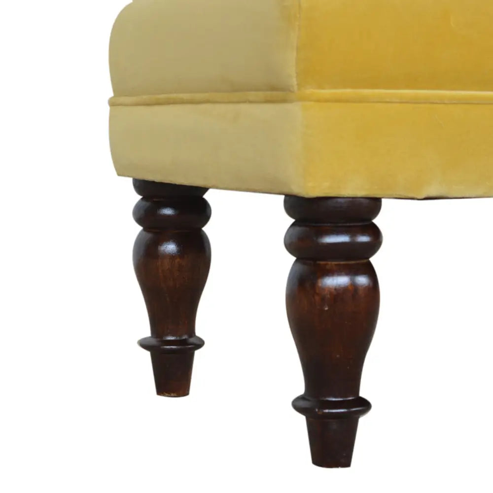 Luxury velvet chaise lounge sofa. Yellow  with dark wooden legs