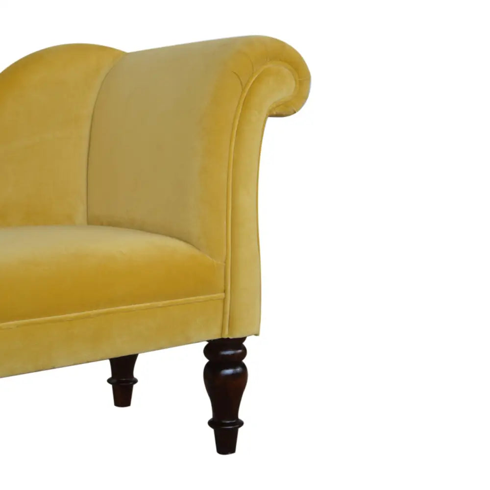 Small Luxury velvet chaise lounge sofa. Yellow velvet with dark wood legs