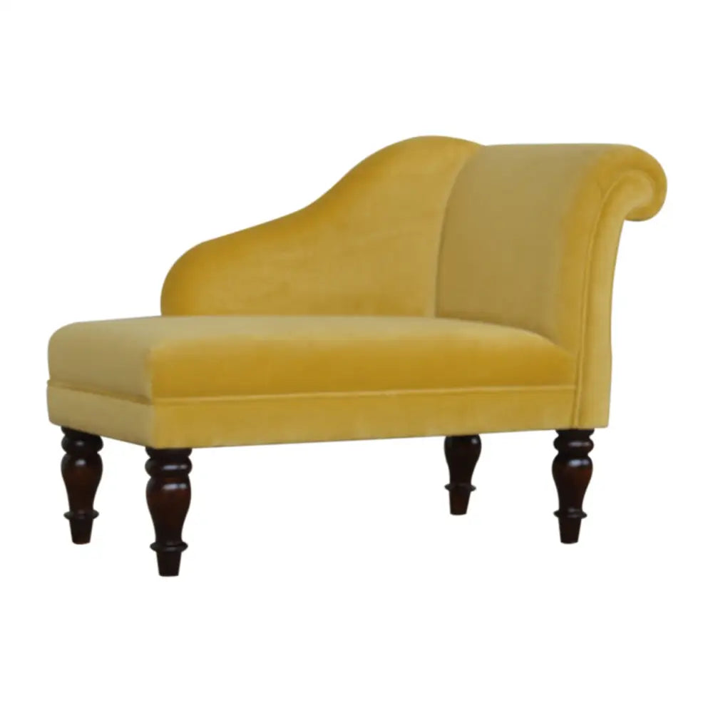 Luxury velvet chaise lounge sofa. Yellow velvet chaise lounge with dark wood legs 