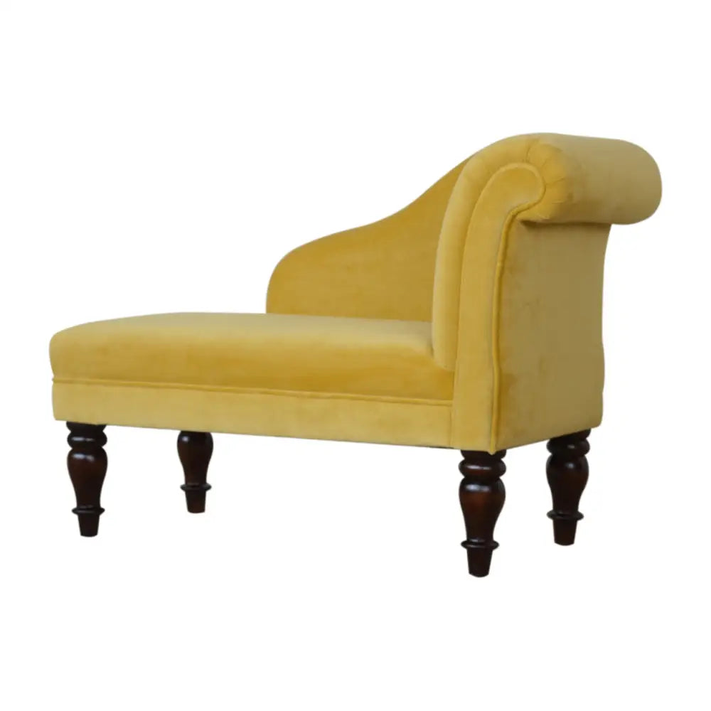 Small Luxury velvet chaise lounge sofa. Yellow velvet chaise lounge with dark wood legs 