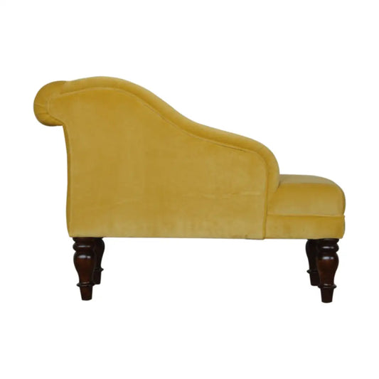 Small Luxury velvet chaise lounge sofa. Yellow chaise lounge with dark wood legs 