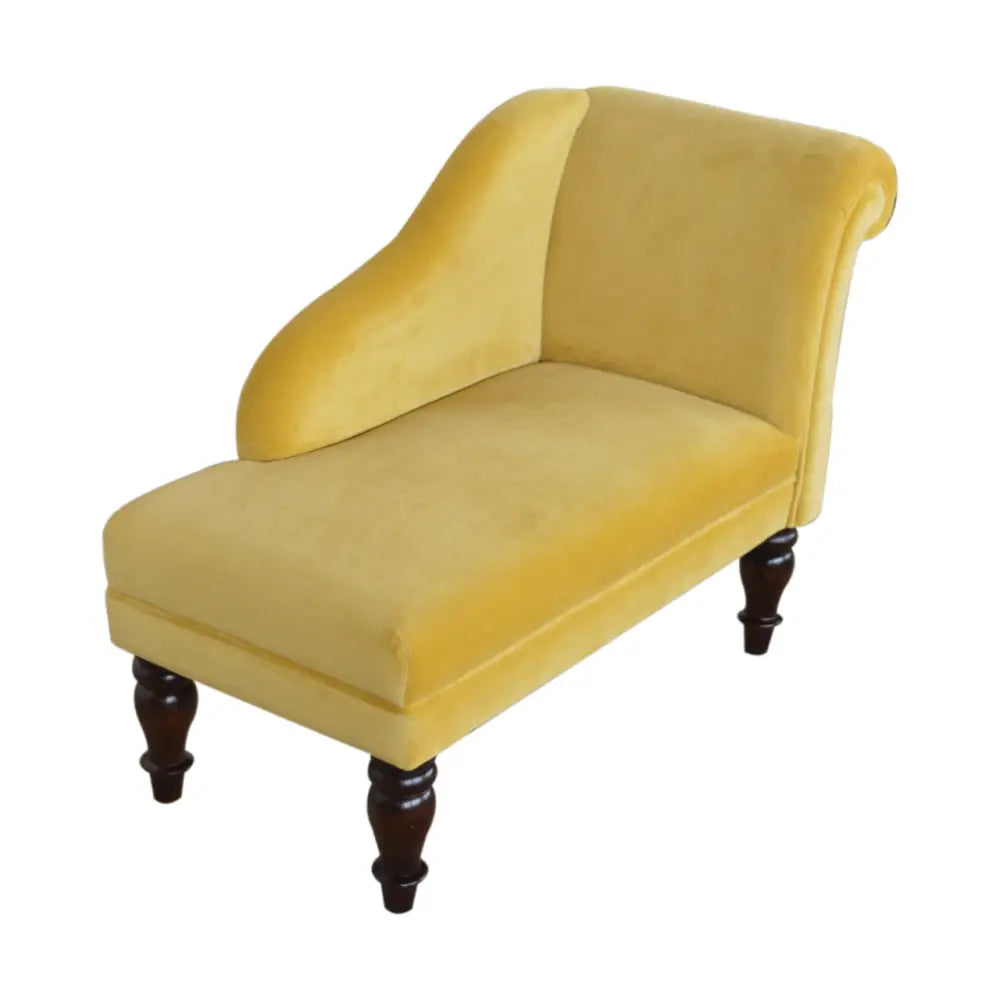Luxury velvet chaise lounge sofa.Yellow velvet with wooden legs 