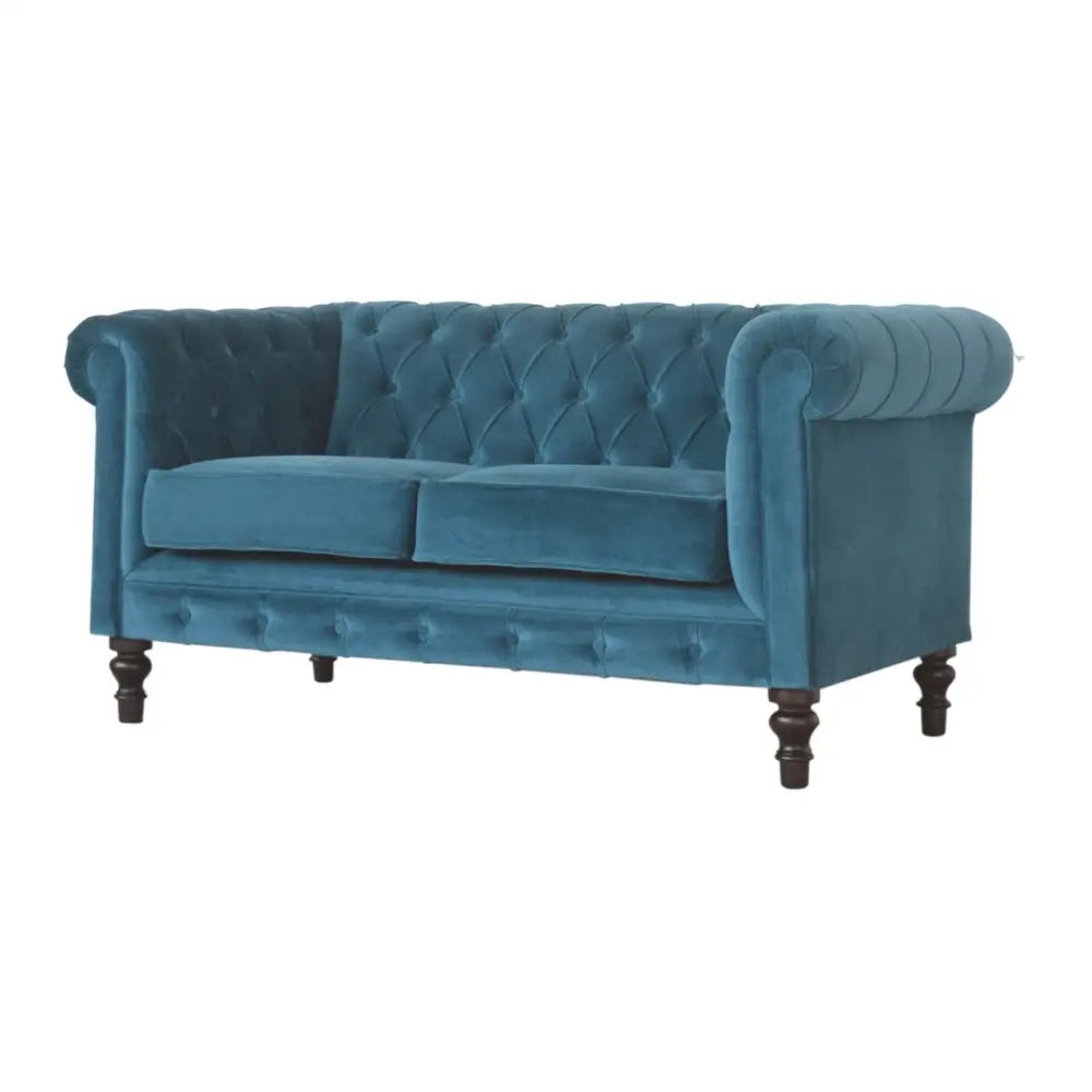 Luxury Velvet Chesterfield Sofa Blue velvet sofa with tufted backrest 