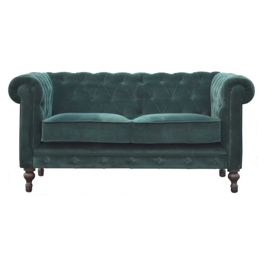 Luxury Velvet Chesterfield Sofa – Sustainable 2-Seater | Woodfalls Elite Emerald Green velvet sofa with tufted backrest