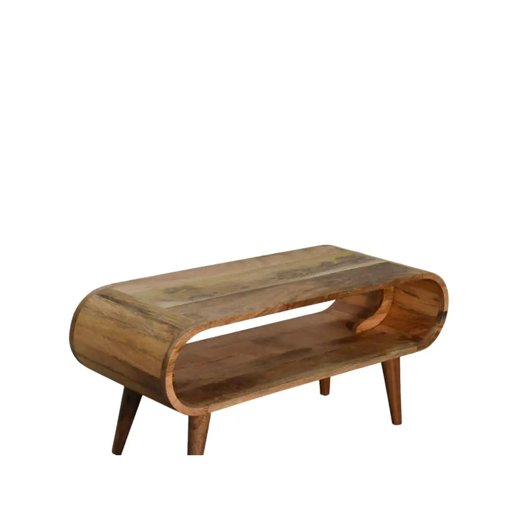 Eco-friendly home decor.Wooden coffee table with a curved design. Ethical wood sourcing.