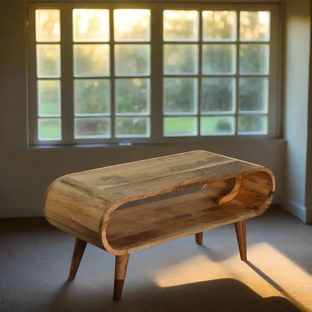 Mango Wood Coffee Table Wooden coffee table with a curved design. Eco-friendly home decor. Sustainable furniture.