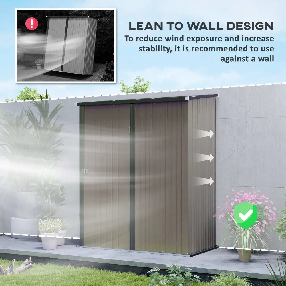 Lockable garden metal bike storage shed. Shed lean to wall design