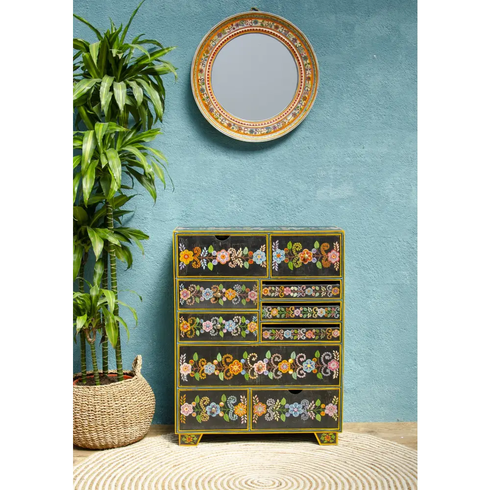 Hand-Painted 10-Drawer Wooden Chest. Decorative chest of drawers with floral patterns
