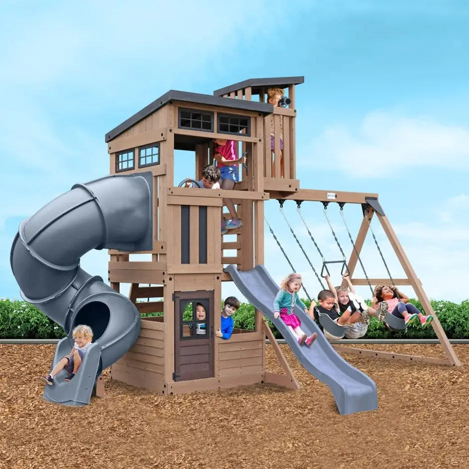 Modern Lookout Tower Wooden Playset with Slides & Swings – Cedar Outdoor Adventure Frame - Swing sets & Playsets