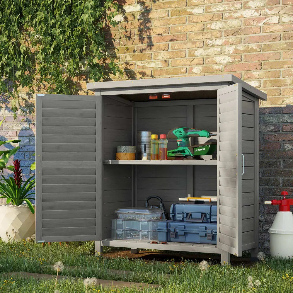 Luxury storage shed. Modern wooden shed with shelves and natural finish