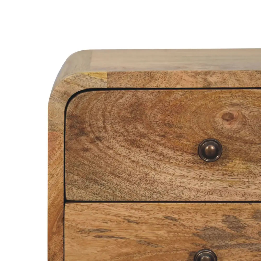 Narrow wooden bedside table with 2 drawers. Eco-friendly home decor. Sustainable furniture.