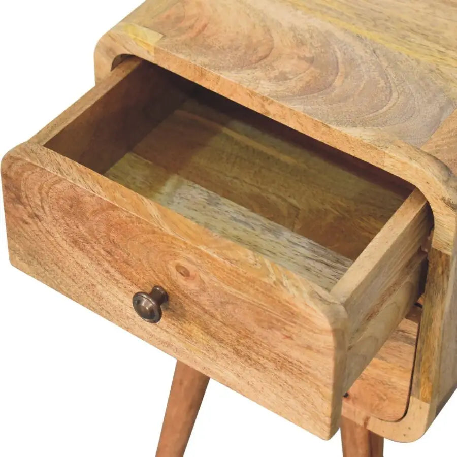 Narrow Wooden bedside table made with sustainable wood. Eco-friendly home decor.
