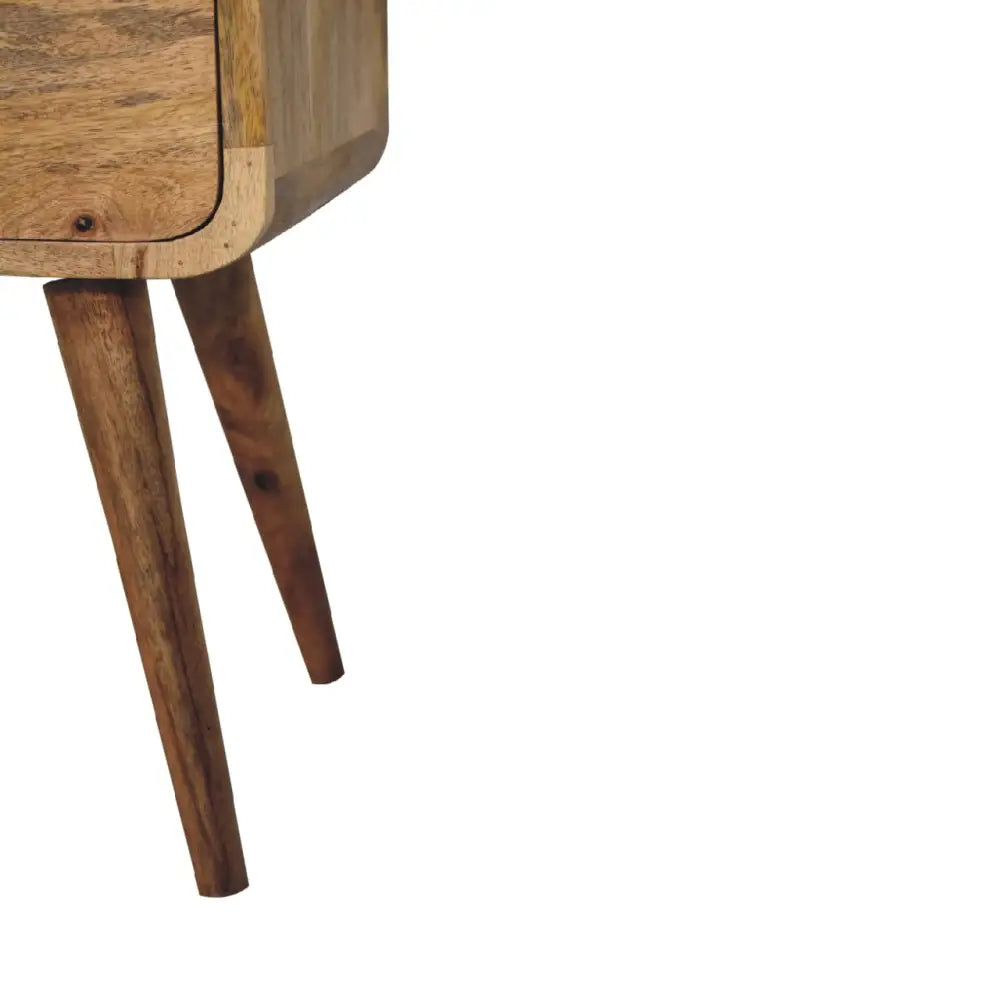 Eco-friendly home decor. Narrow wooden bedside table. Sustainable furniture. 