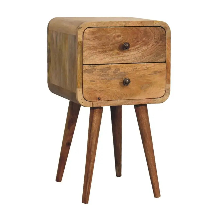 Narrow Wooden bedside table with two drawers. Eco-friendly home decor. Sustainable furniture.