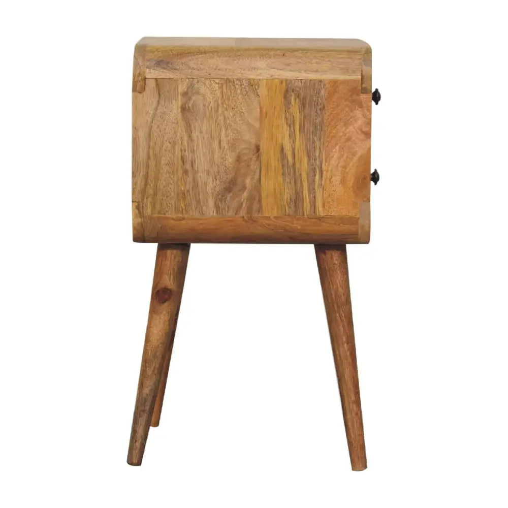 Sustainable furniture. Narrow Wooden bedside table made with sustainable wood. Eco-friendly home decor.
