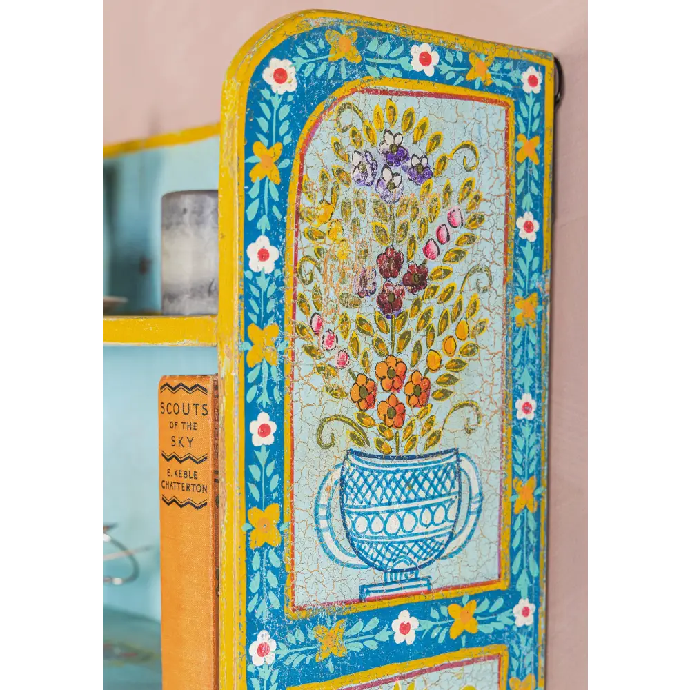 Hand Painted Wall Shelf Unit. Decorative cabinet with floral design and colourful border