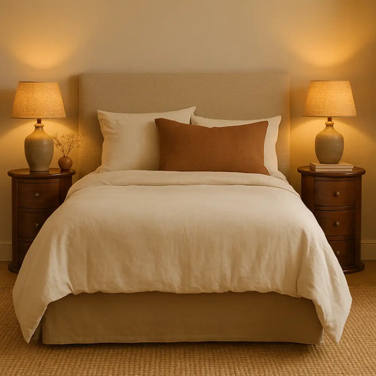 Bedroom with a bed, drum style nightstands, and lamps in a warm setting.