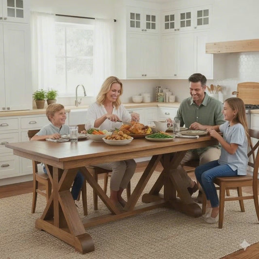 Sustainable Furniture. Large trestle dining table for 4 in Solid Sustainable Wood – Rustic Charm & Timeless Design