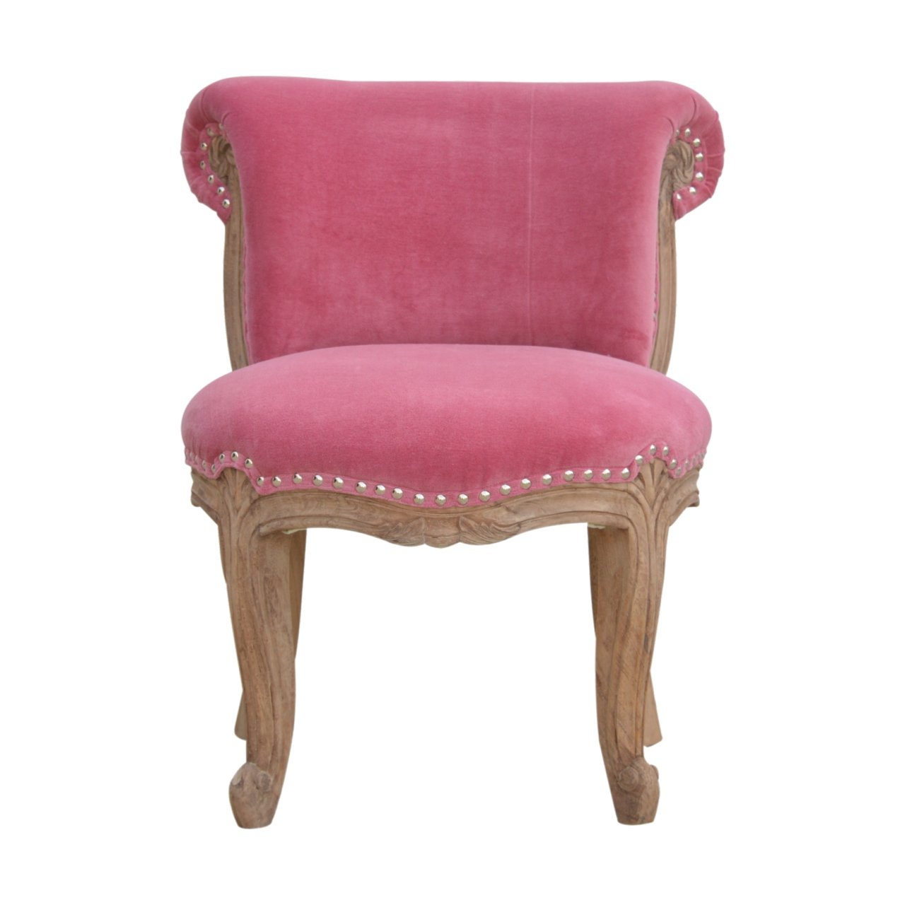 French Style Chair. Pink velvet chair with wooden frame. Available in various sumptuous colours