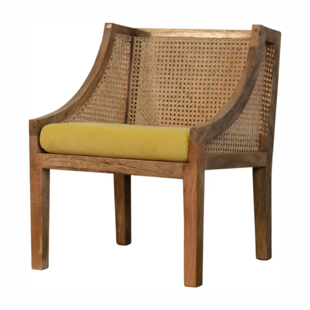Wooden rattan chair with wicker backrest and yellow cushion 