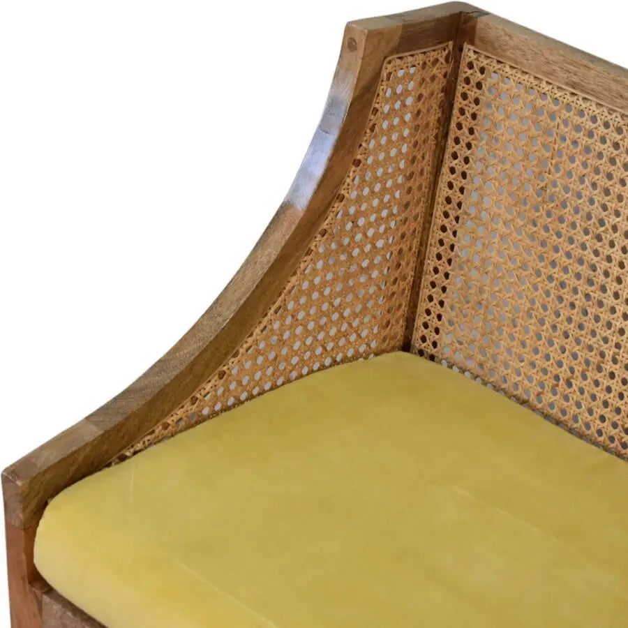 Rattan wooden chair with backrest and yellow cushion, available in other sumptuous colours