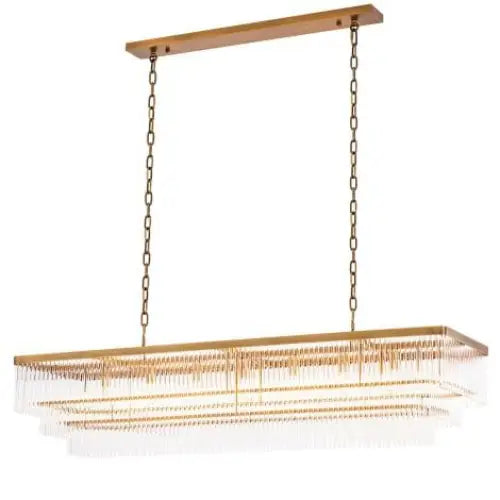 Luxury rectangular 3-tier chandelier with antique brass finish Rectangular chandelier with gold frame and clear glass