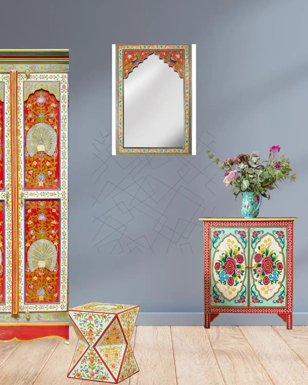 Red floral cabinet with gold accents and wooden legs.