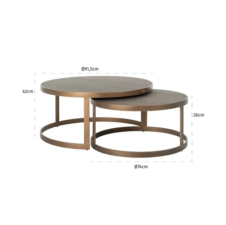 Designer Coffee Table Set of 2 – Segrine Leather, Black Oak & Gold