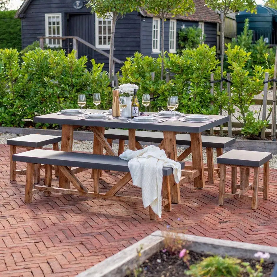 Rustic 6-Seater Acacia & Cement Fibre Dining Set – Indoor & Outdoor Farmhouse Style - Garden Furniture Sets