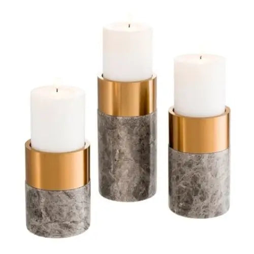 Sierra Set of 3 Candle Holders – Grey Marble & Brushed Brass Finish - Candle Holder