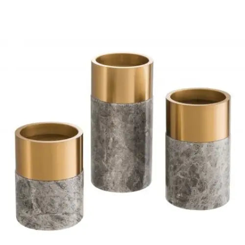 Sierra Set of 3 Candle Holders – Grey Marble & Brushed Brass Finish - Candle Holder
