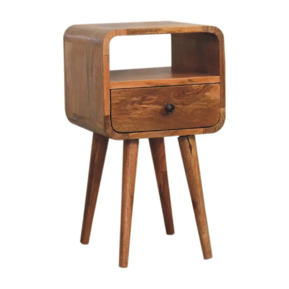 Tall Wooden side table with a drawer. Sustainable furniture. Eco-friendly home decor.