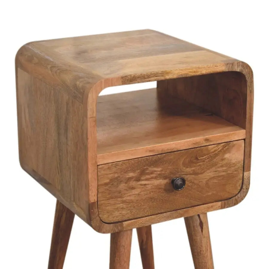 Wooden Bedside table with a drawer and shelf. Eco-friendly home decor. Sustainable furniture.