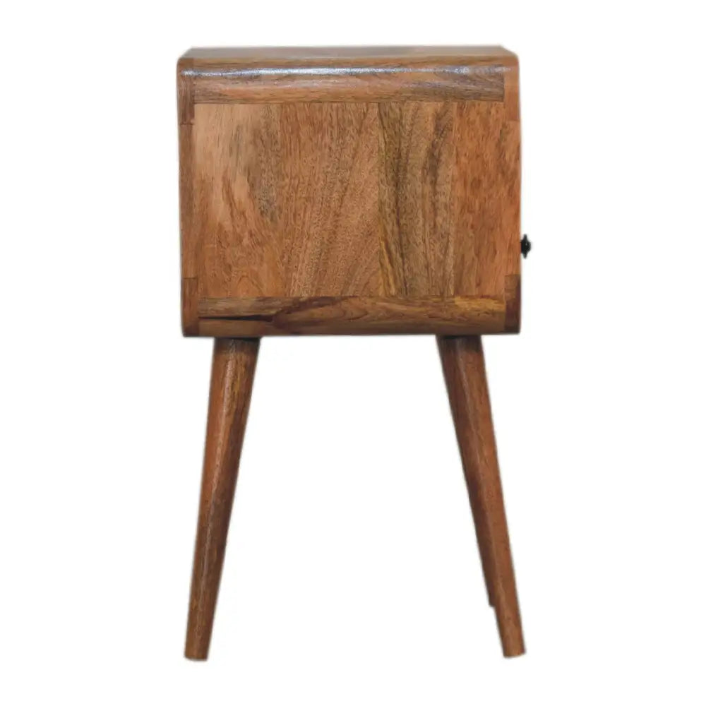 Tall Wooden side table with a single drawer.Eco-friendly home decor, ethical wood sourcing.