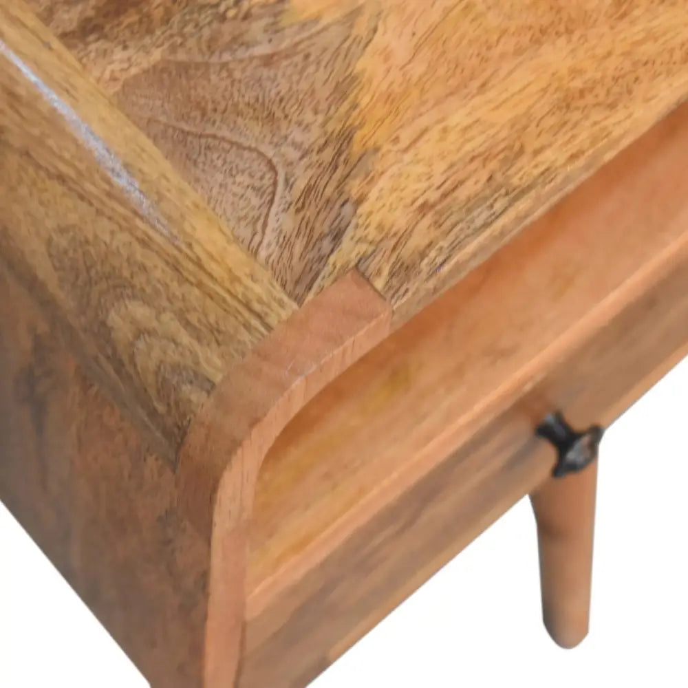 Eco-friendly home decor. Tall Wooden Bedside table with drawer and shelf. Sustainable furniture.