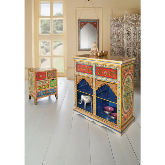 Sunlit Hand-Painted 6-Drawer Mango Wood Cabinet. Decorative cabinet with colourful design