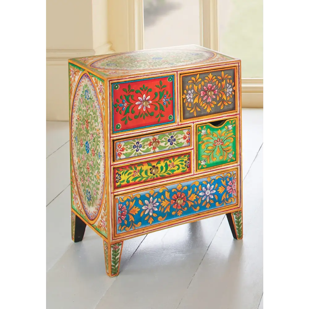 Sunlit Hand-Painted 6-Drawer Mango Wood Cabinet. Colourful hand-painted dresser with floral patterns