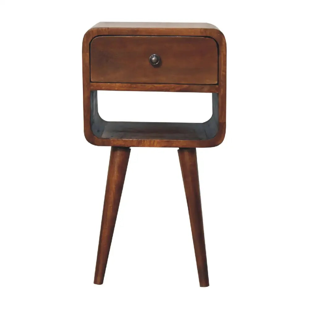 Tall, narrow wooden bedside table with a single drawer. Eco-friendly home decor. Sustainable furniture. 
