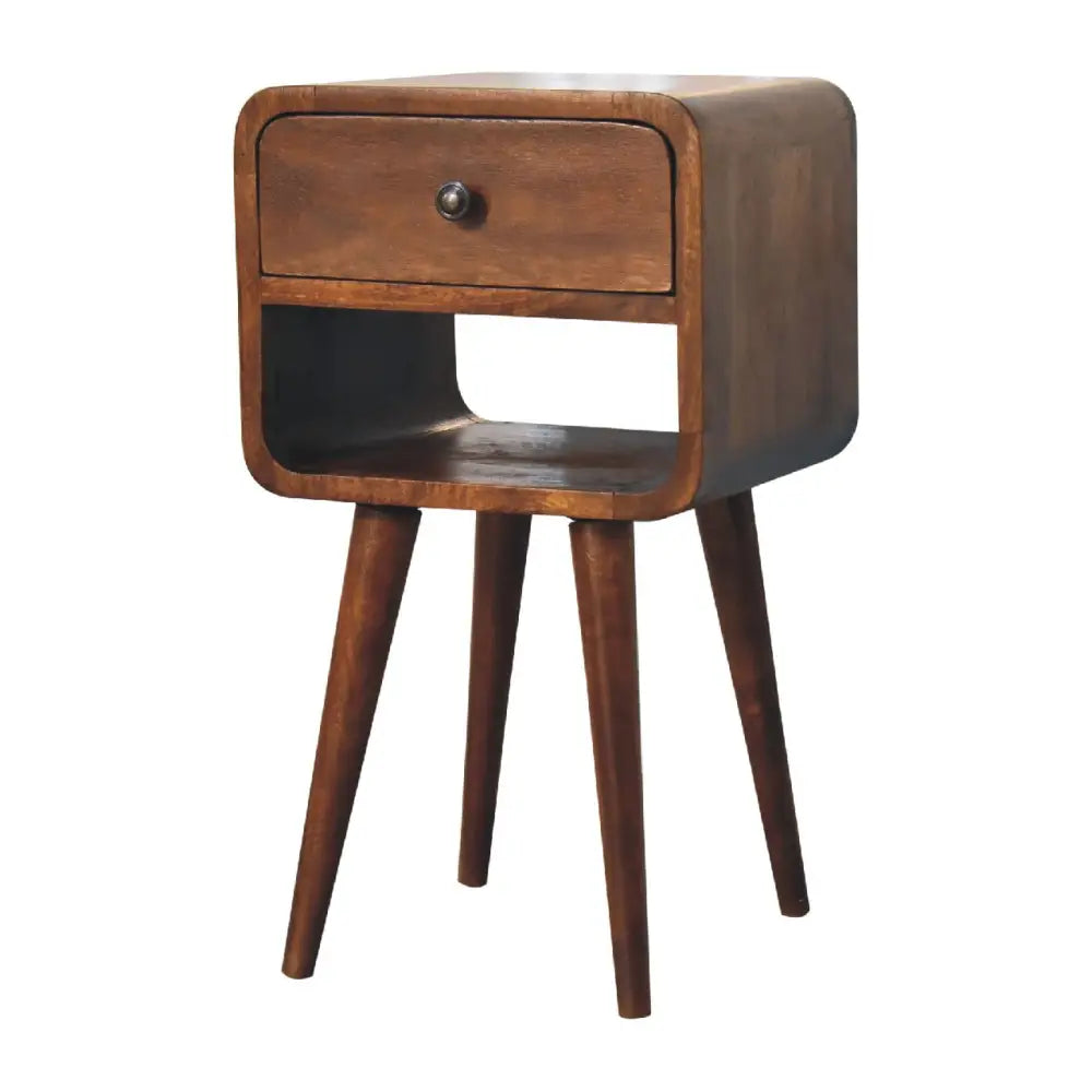 Sustainable furniture. Tall and Narrow Wooden bedside cabinet with a single drawer. Eco-friendly home decor.