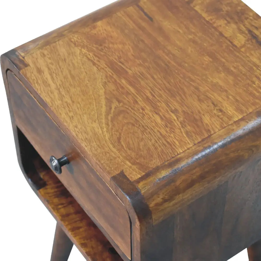 Eco-friendly home decor. Tall and narrow Wooden bedside table with a drawer. Sustainable furniture.